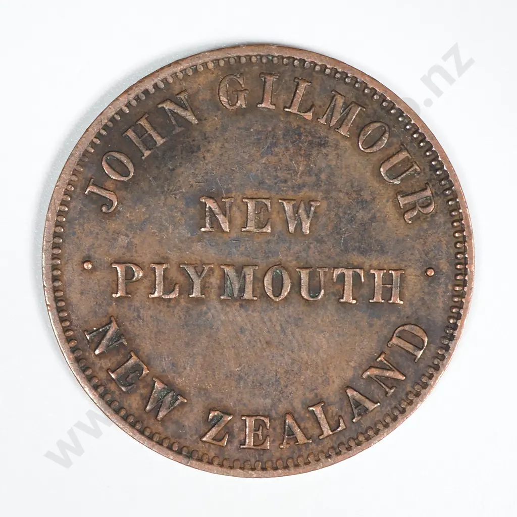 1860's New Zealand One Penny Trade Token John Gilmour New Plymouth: Lampard 318 Image 1++