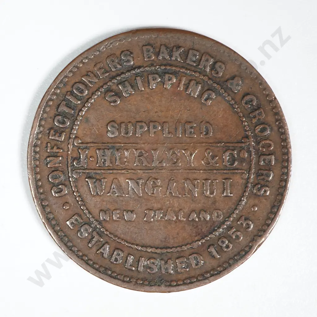 1860's New Zealand Halfpenny Trade Token J Hurley Wanganui: Lampard 325a Image 1++