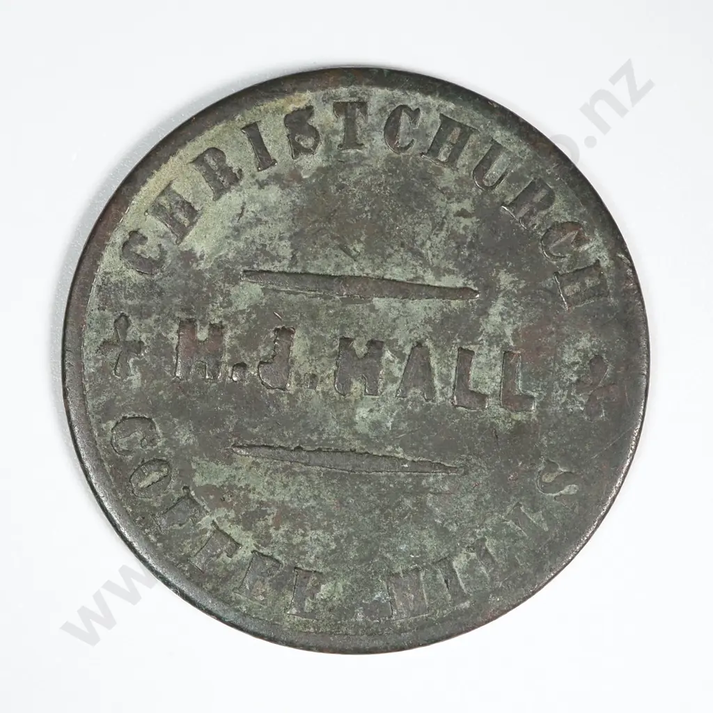 1860's New Zealand One Penny Trade Token H J hall Christchurch: Lampard 322e Image 1++