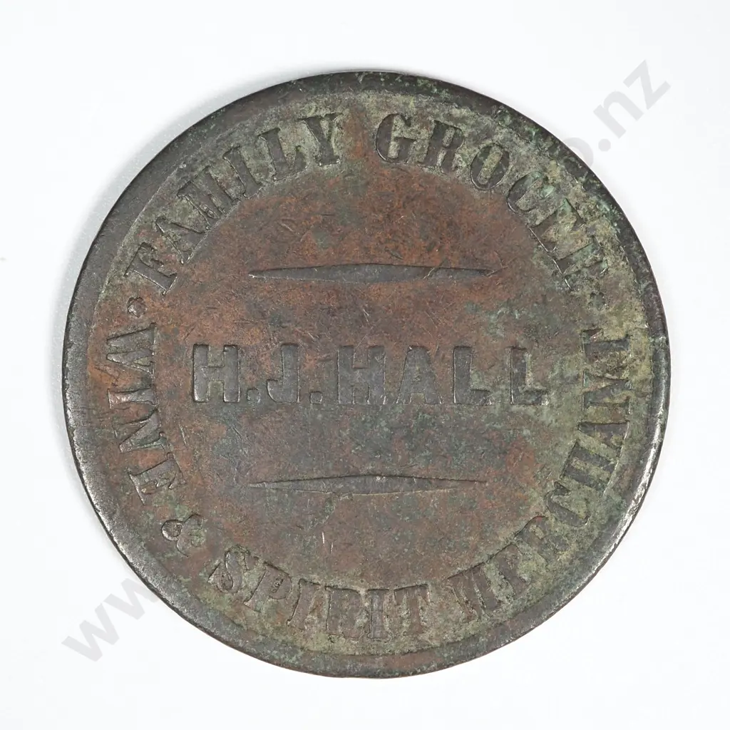 1860's New Zealand One Penny Trade Token H J hall Christchurch: Lampard 322e Image 1++