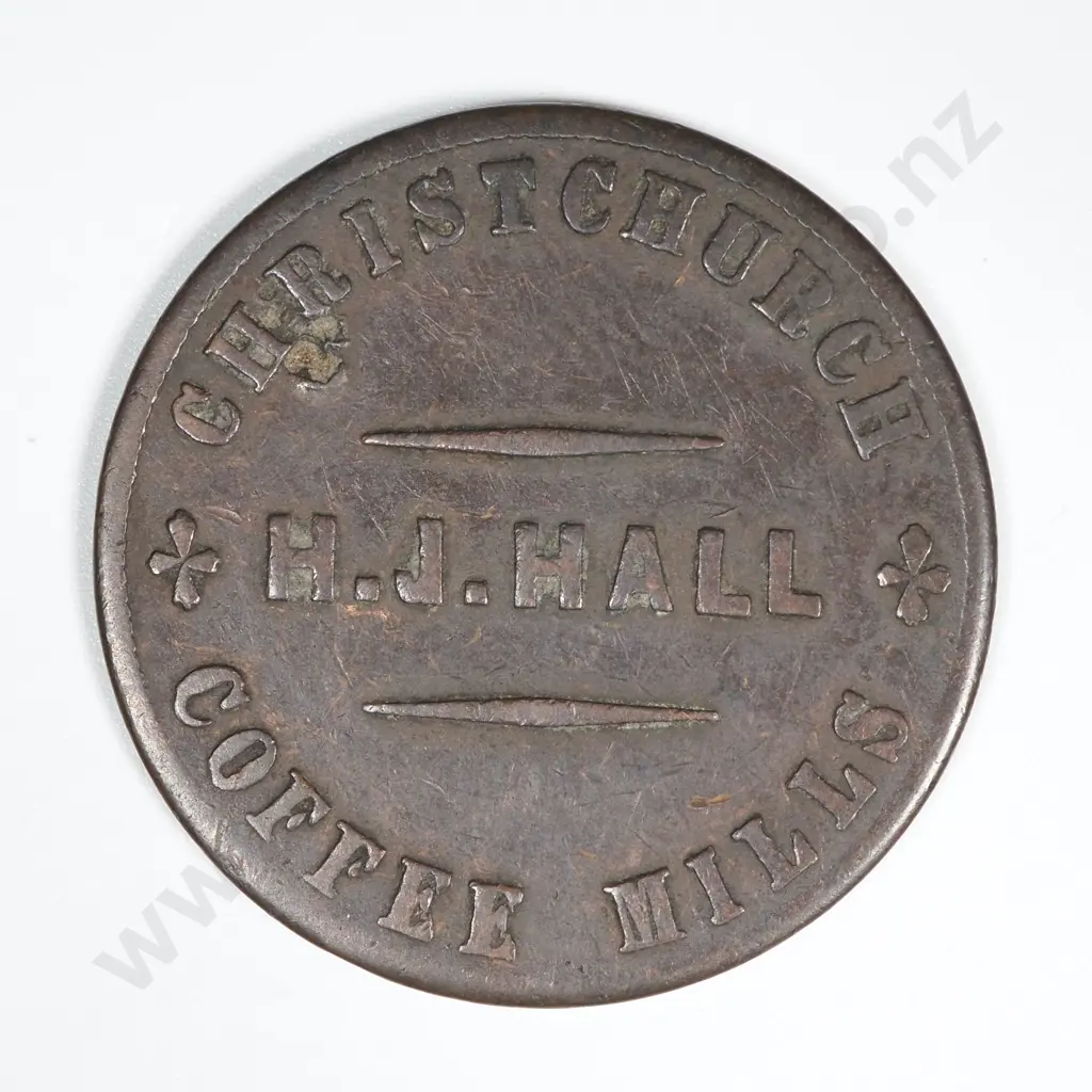 1860's New Zealand One Penny Trade Token H J Hall Christchurch: Lampard 322g Image 1++