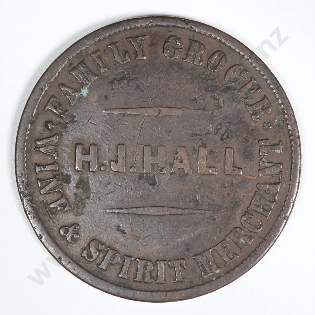 1860's New Zealand One Penny Trade Token H J Hall Christchurch: Lampard 322g Image 1++