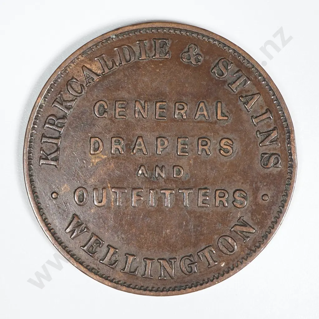 1860's New Zealand One Penny Trade Token Kirkcaldie & Stains Wellington: Lampard 331 Image 1++