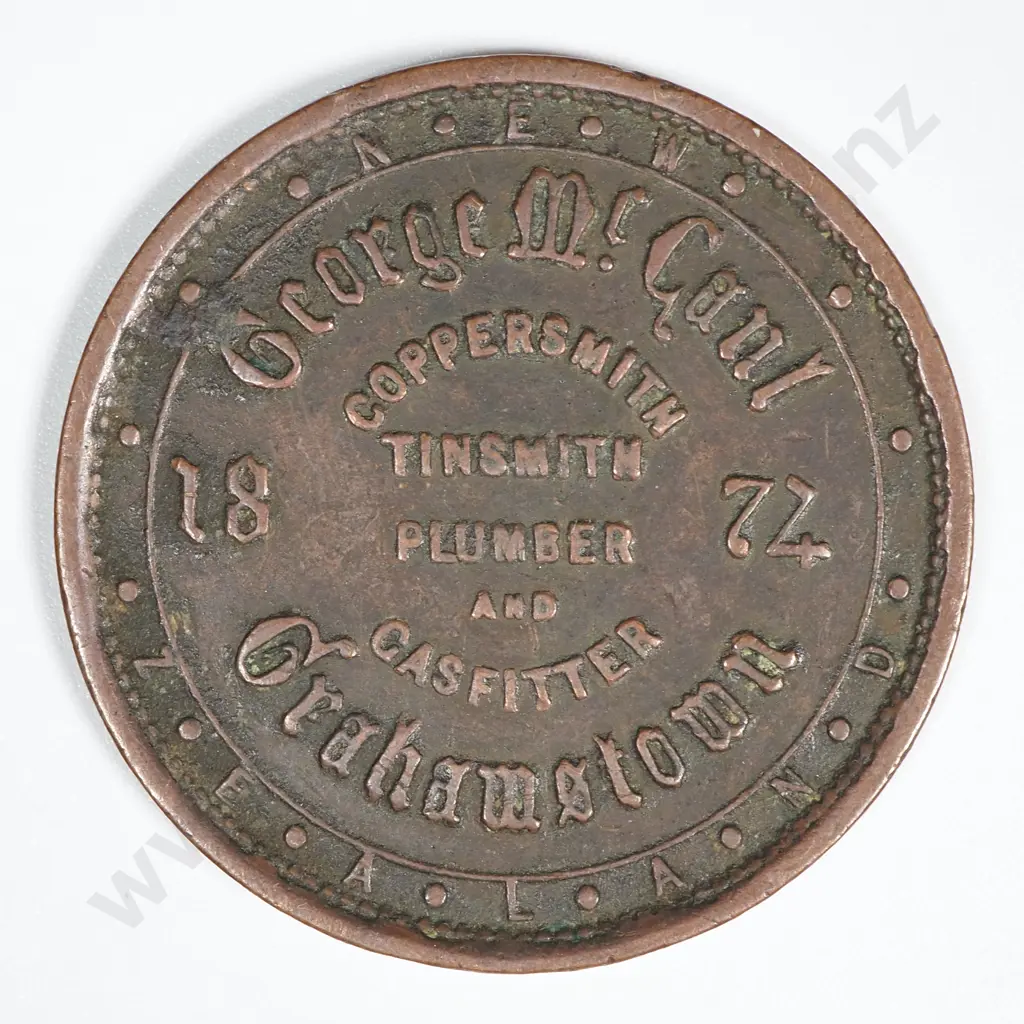 1874 New Zealand One Penny Trade Token George McCaul Grahamstown: Lampard 331 Image 1++