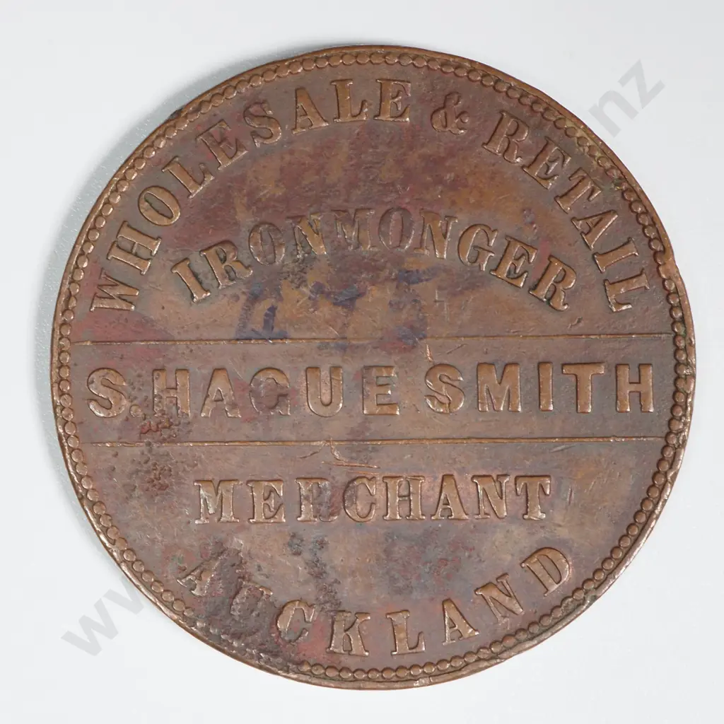 1860's New Zealand One Penny Trade Token Hague Smith Auckland; 341a Image 1++