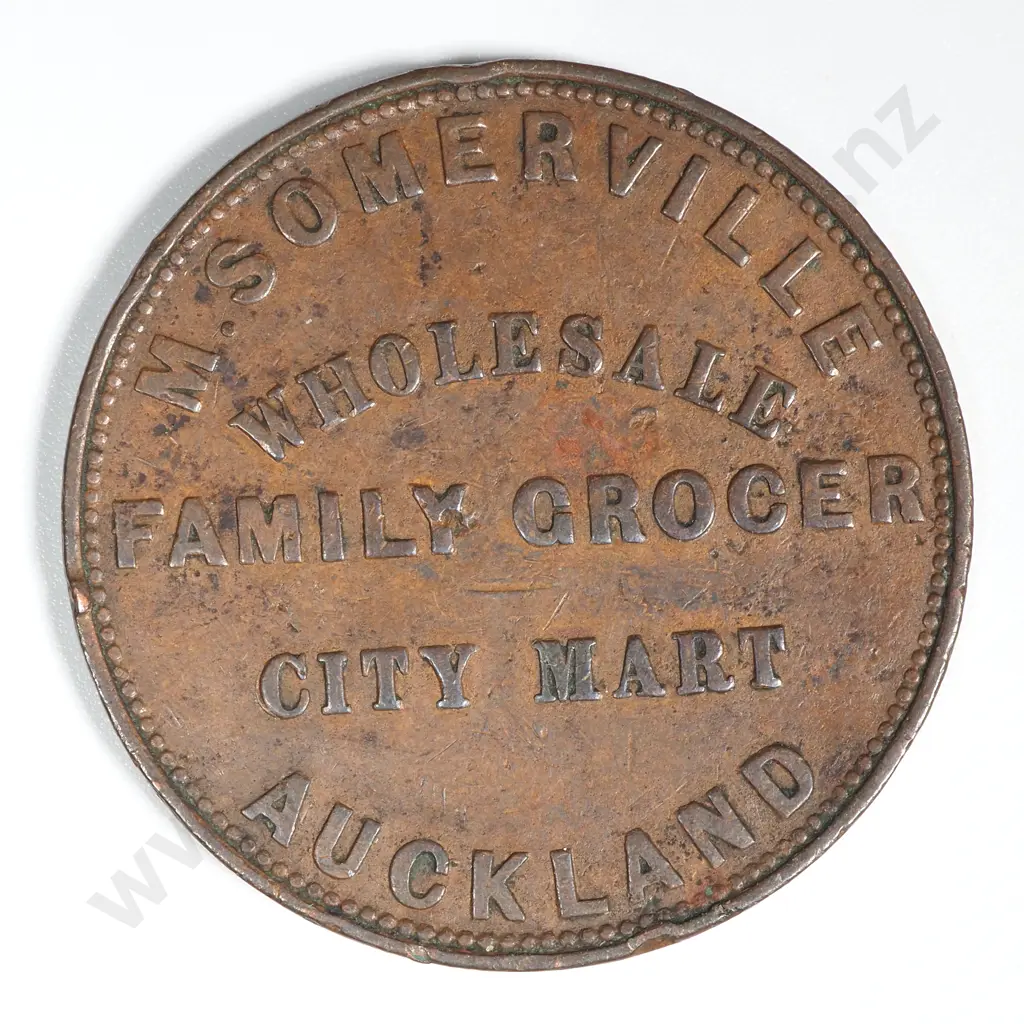 1857 New Zealand One Penny Trade Token M Somerville Auckland: Lampard 342b Image 1++