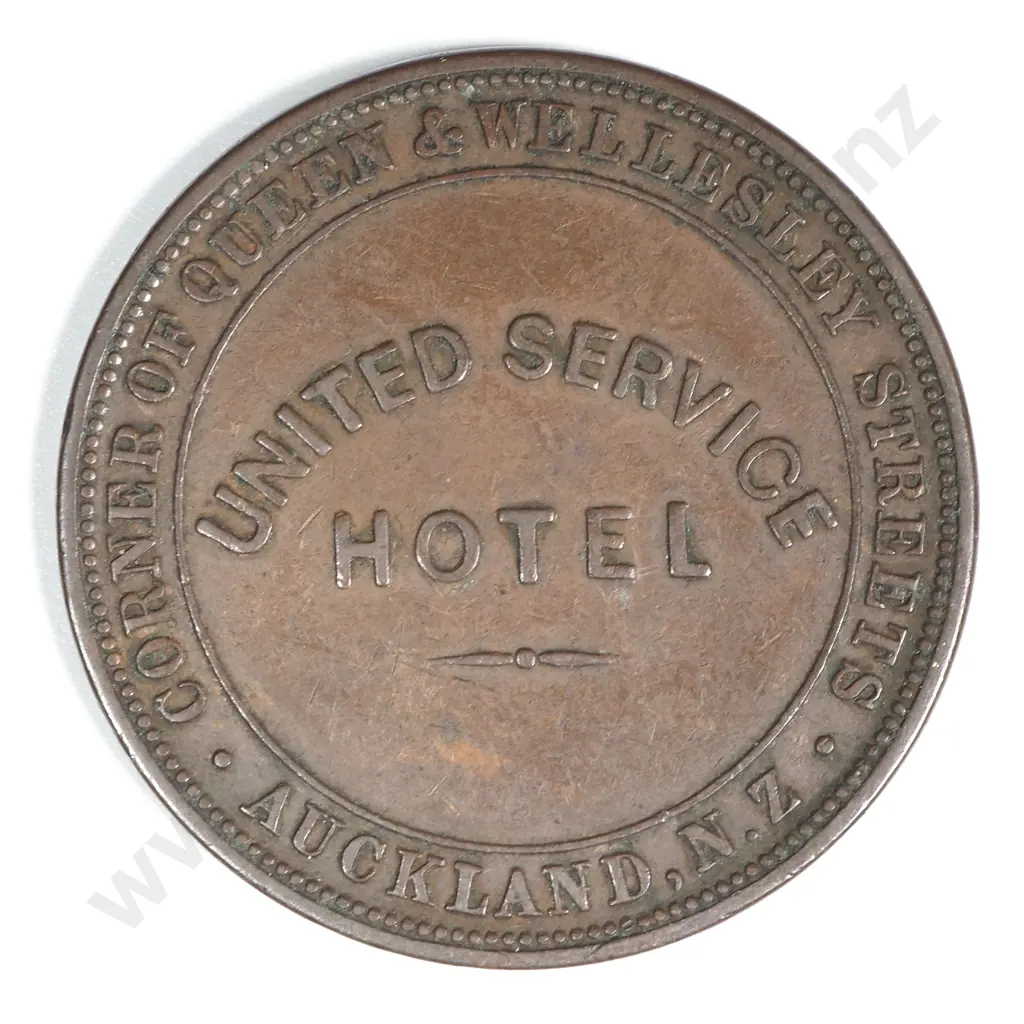 1874 New Zealand One Penny Trade Token United Service Hotel AucklandL Lampard 344a Image 1++