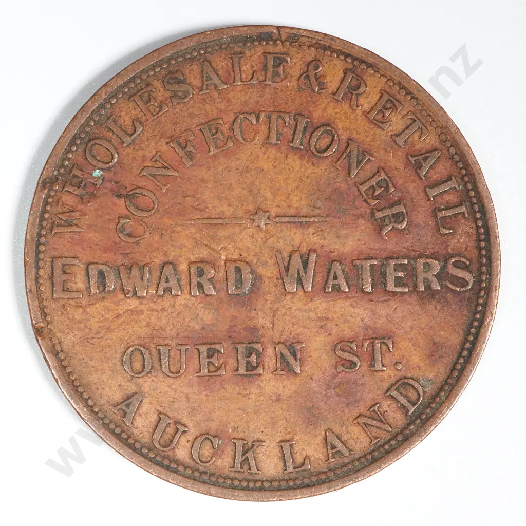 1860's New Zealand One Penny Trade token Edward Waters Auckland: Lampard 346a Image 1++