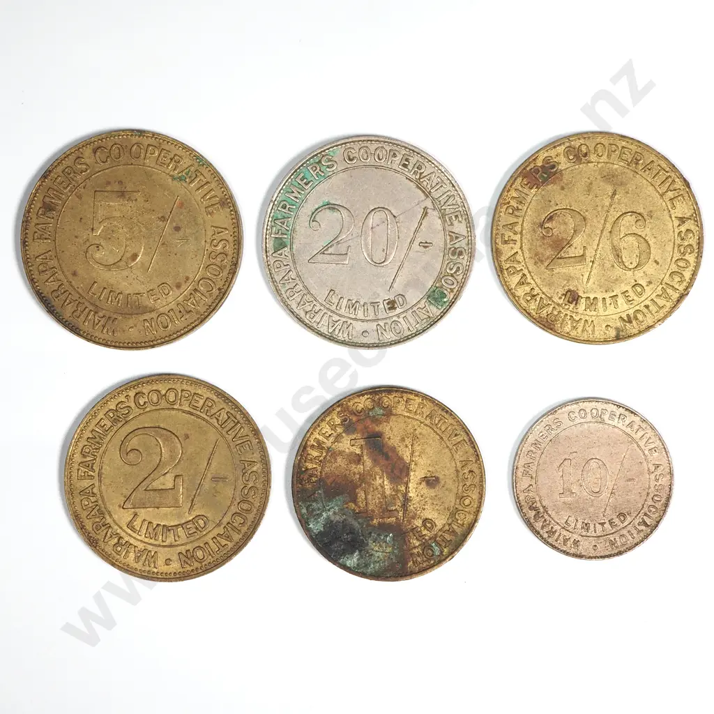 Set of Six Wairarapa Famers Co-Op Association Tokens from One To Twenty Shillings - CV $88 Image 1++