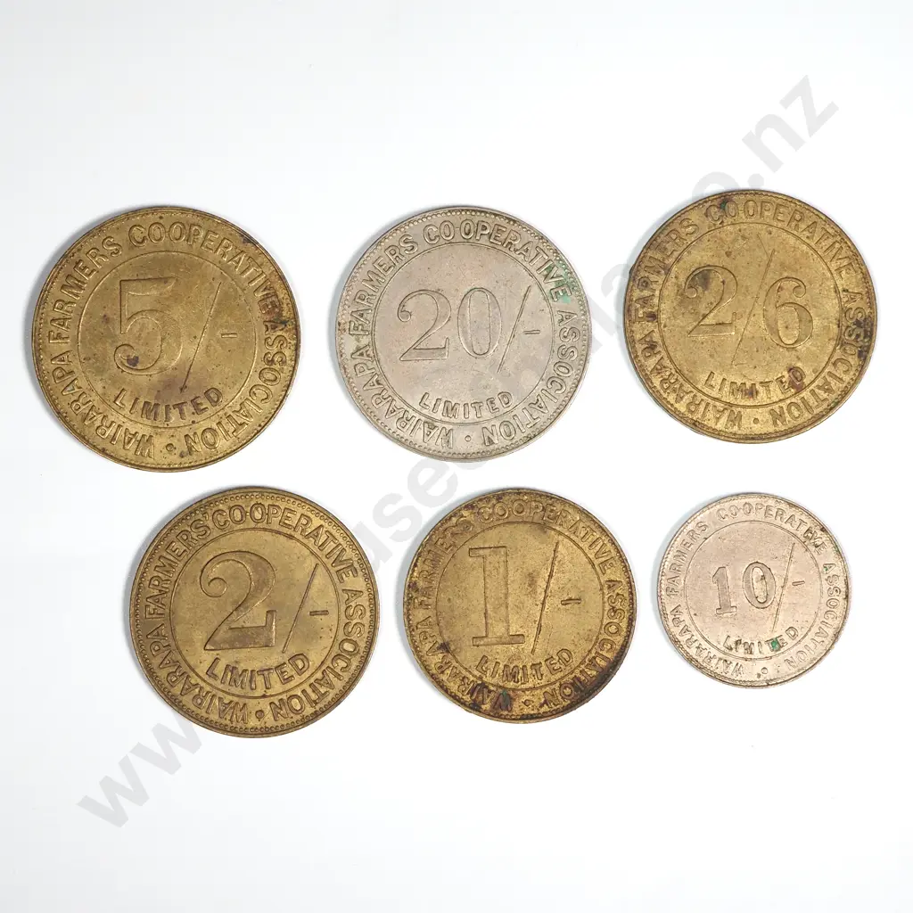 Set of Six Wairarapa Famers Co-Op Association Tokens from One To Twenty Shillings - CV $88 Image 1++