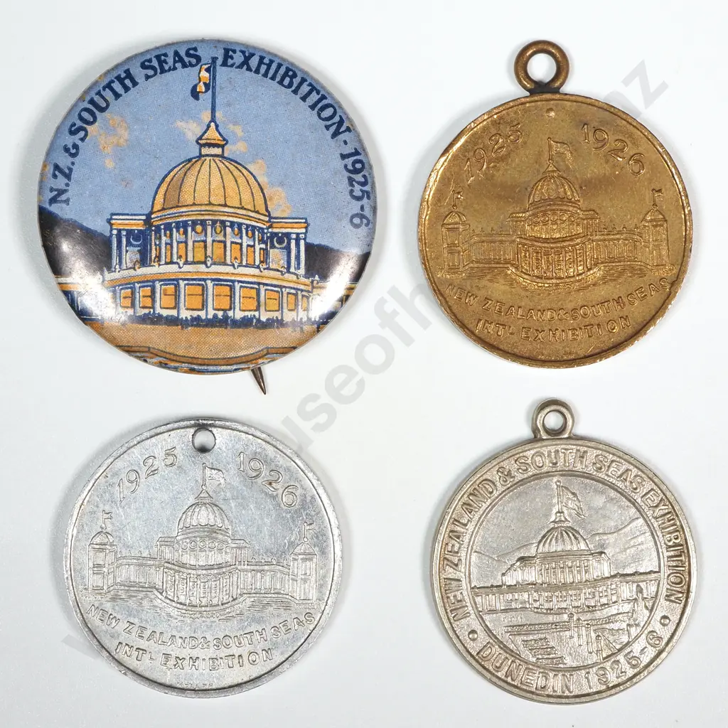 Four 1925-26 New Zealand Dunedin Exhibition Medals + Badge Image 1++