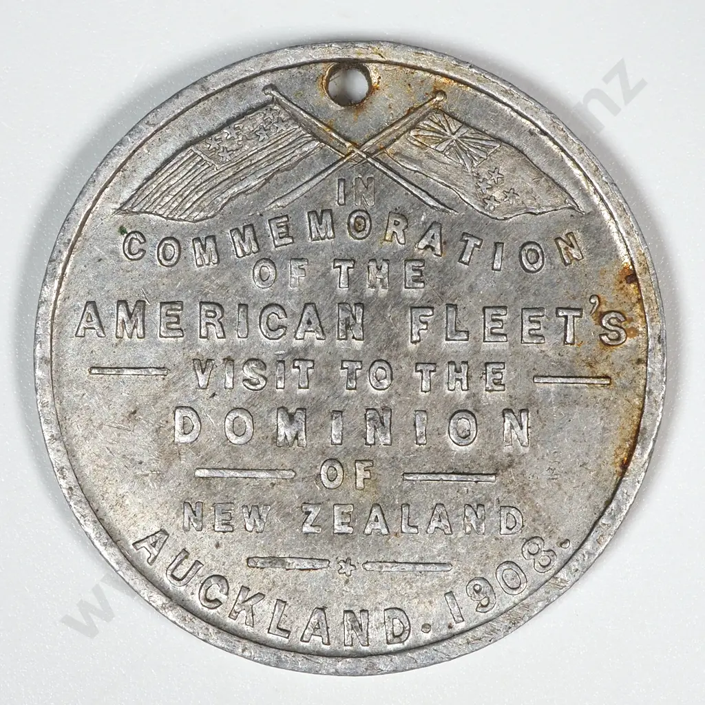 1908 Visit of the USA Fleet to Auckland Alluminium Medal: Morel 1908/4 Image 1++