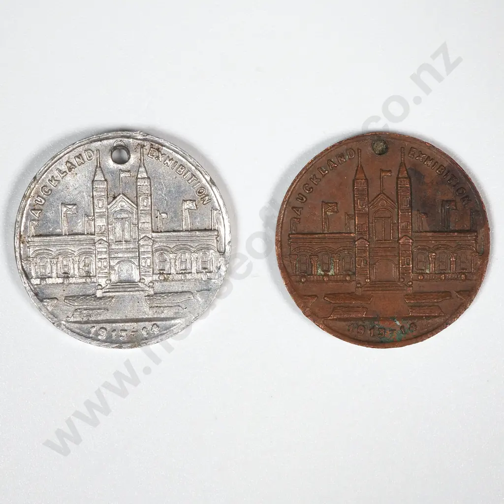 Two 1913-1914 New Zealand Auckland Exhibition Medals - One Bronze & One Aluminium Image 1++