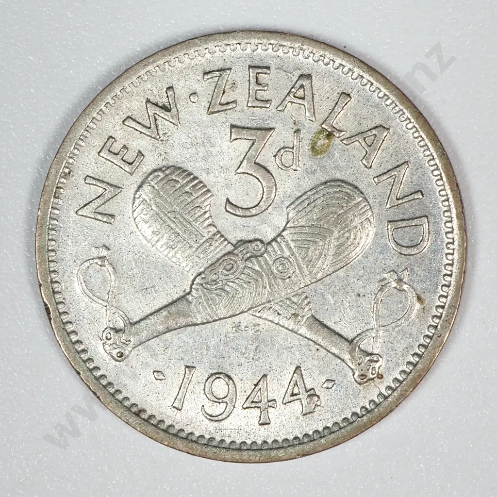 Error Coin: 1944 New Zealand George VI Threepence w Filled Second 4 Image 1++