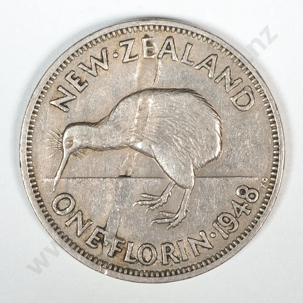 Error Coin: 1948 New Zealand George VI Florin w Die Damage on Reverse Image 1++