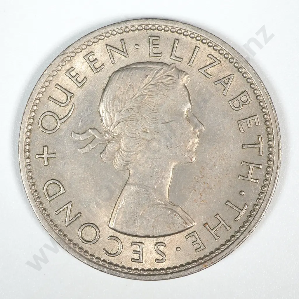 Error Coin: 1965 New Zealand Elizabeth II Florin w Extra Metal on Reverse Image 1++
