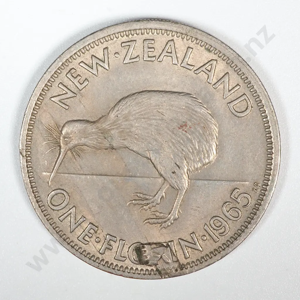 Error Coin: 1965 New Zealand Elizabeth II Florin w Extra Metal on Reverse Image 1++