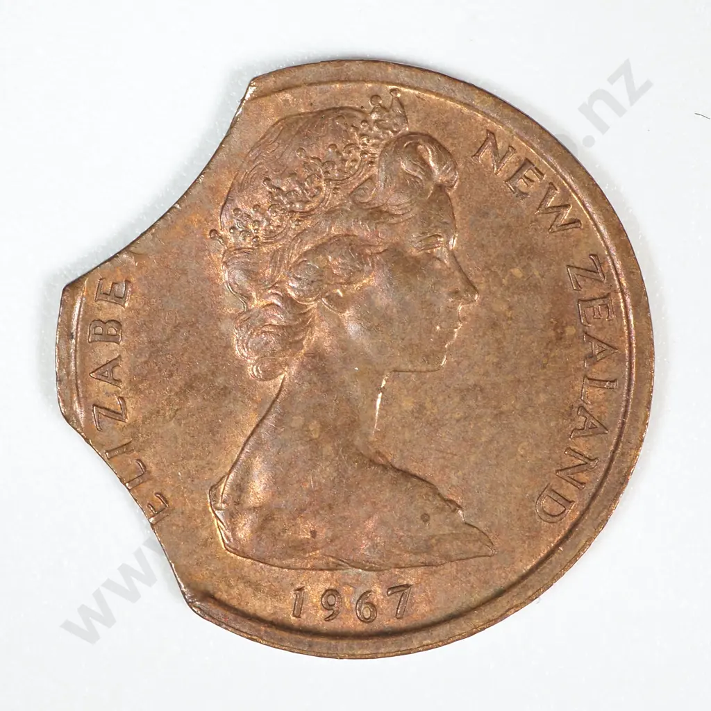Error Coin: 1967 New Zealand Elizabeth II One Cent w Clipped Planchet Image 1++