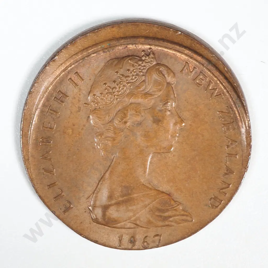 Error Coin: 1967 New Zealand Elizabeth II Two Cent w Off Centre Strike Image 1++