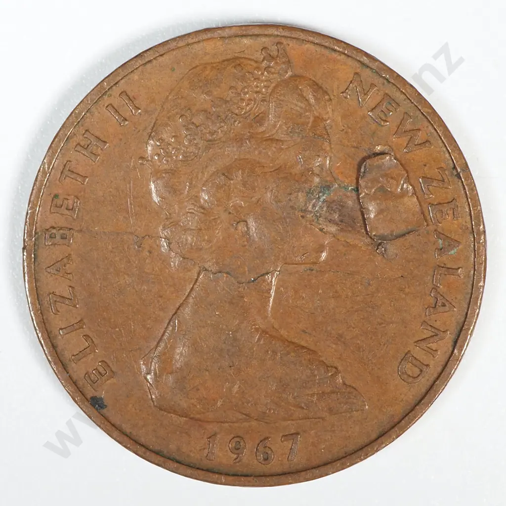 Error Coin: 1967 New Zealand Elizabeth II Two Cent w Extra Metal on Obverse Image 1++