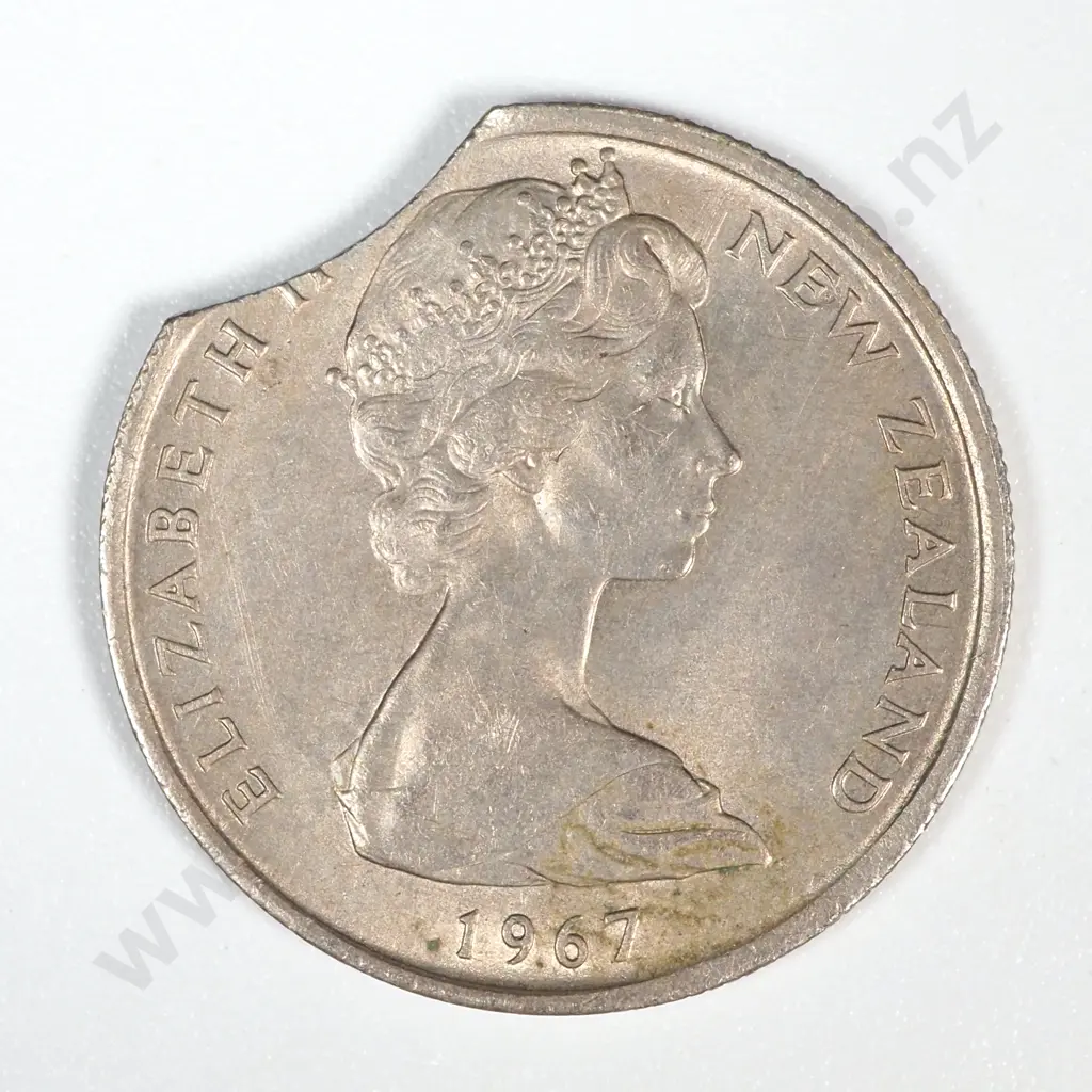 Error Coin: 1967 New Zealand Elizabeth II Five Cent w Clipped Planchet Image 1++