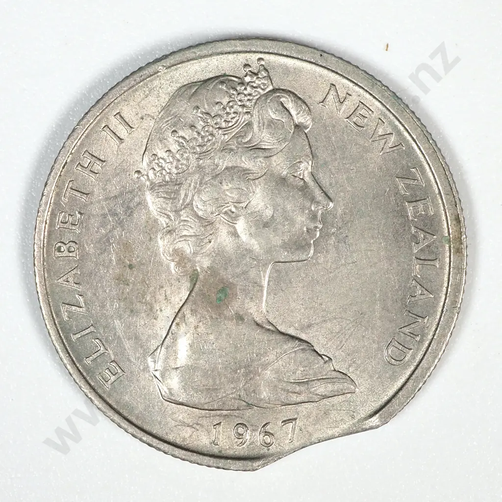 Error Coin: 1967 New Zealand Elizabeth II Five Cent w Clipped Planchett Image 1++