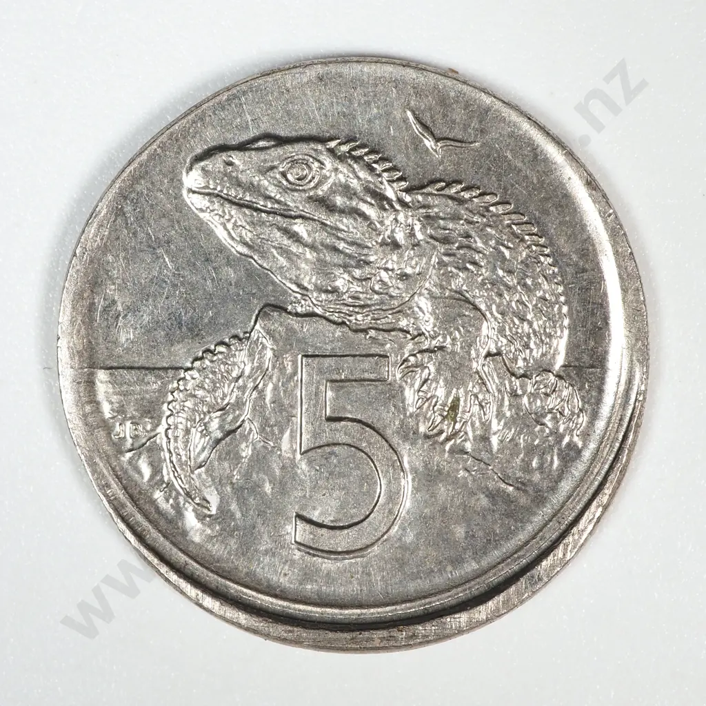 Error Coin: 1975 New Zealand Elizabeth II Five Cent w Off Centre Strike Image 1++