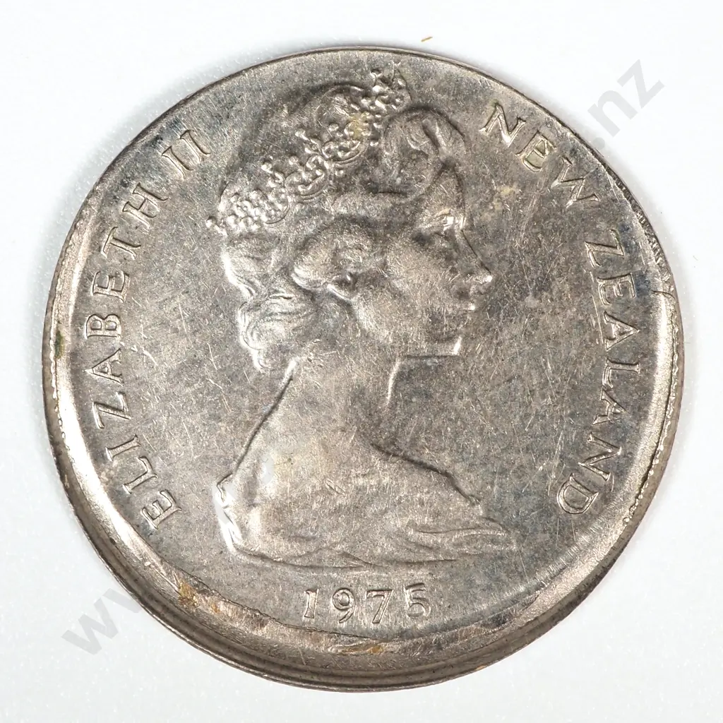 Error Coin: 1975 New Zealand Elizabeth II Five Cent w Off Centre Strike Image 1++