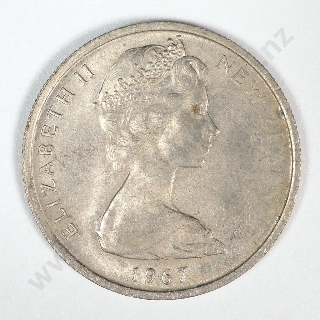 Error Coin: 1967 New Zealand Elizabeth II Five Cent w "Zealand" Very Weak Strike Image 1++