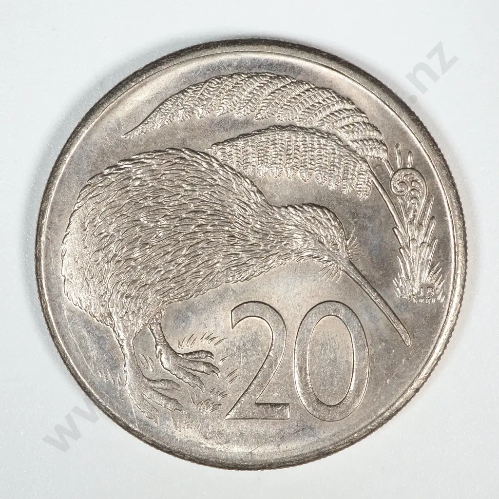 Error Coin: 1980 New Zealand Elizabeth II Twenty Cent w "Bare Bum" Kiwi Image 1++