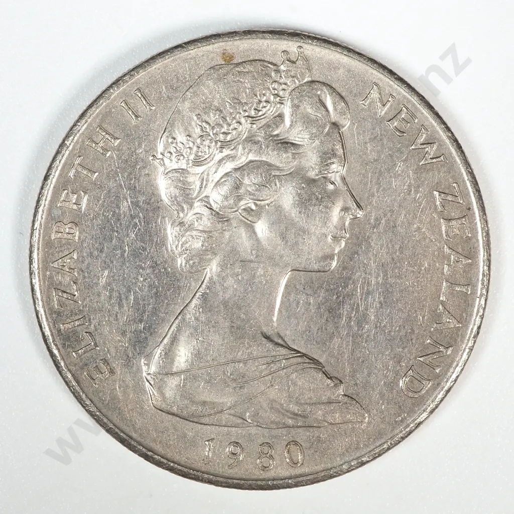 Error Coin: 1980 New Zealand Elizabeth II Twenty Cent w Double Struck Date Image 1++