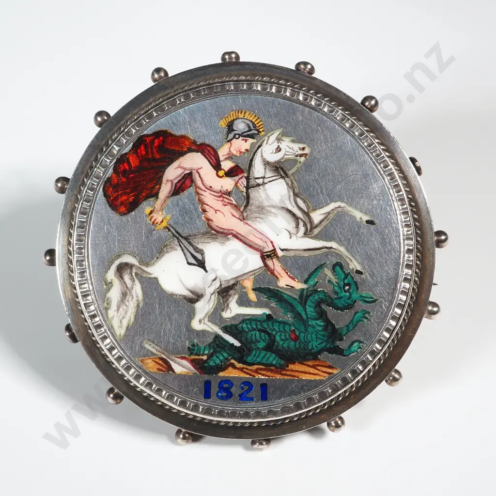 Antique George IV Enamelled Silver Crown Coin Brooch Dated 1821  Image 1++