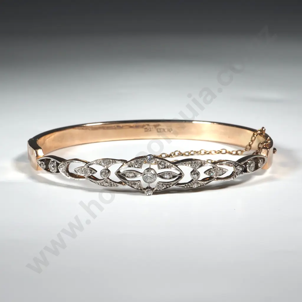 Edwardian Hinged Bangle in 9ct Gold & Diamonds in Period Fitted Jewellers Case Image 1++