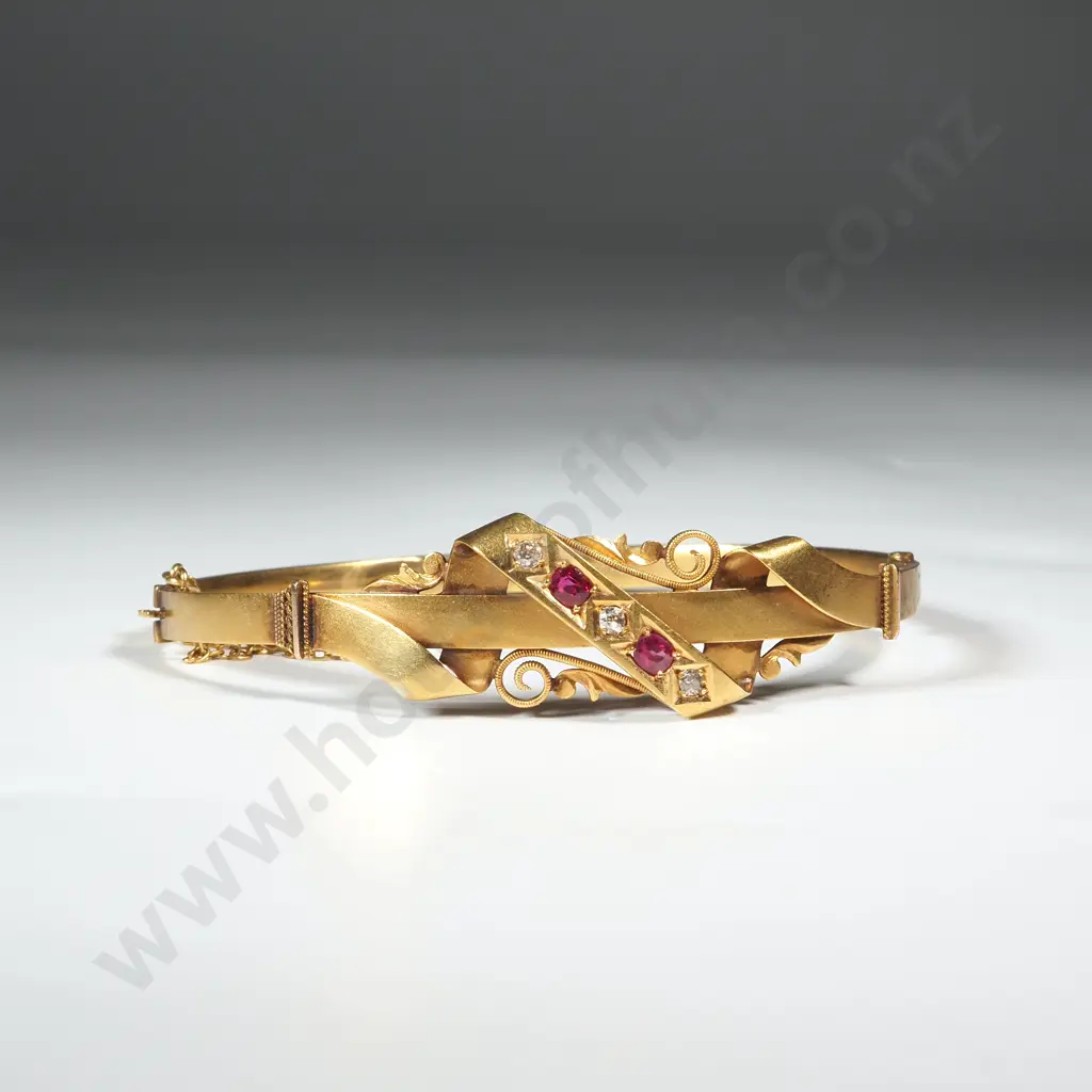 15ct Gold Diamond & Ruby Hinged Bracelet w English Hallmarks Image 1++