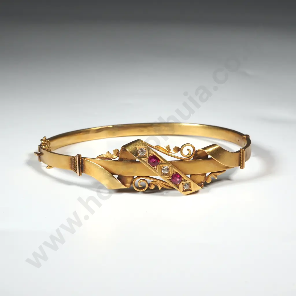 15ct Gold Diamond & Ruby Hinged Bracelet w English Hallmarks Image 1++