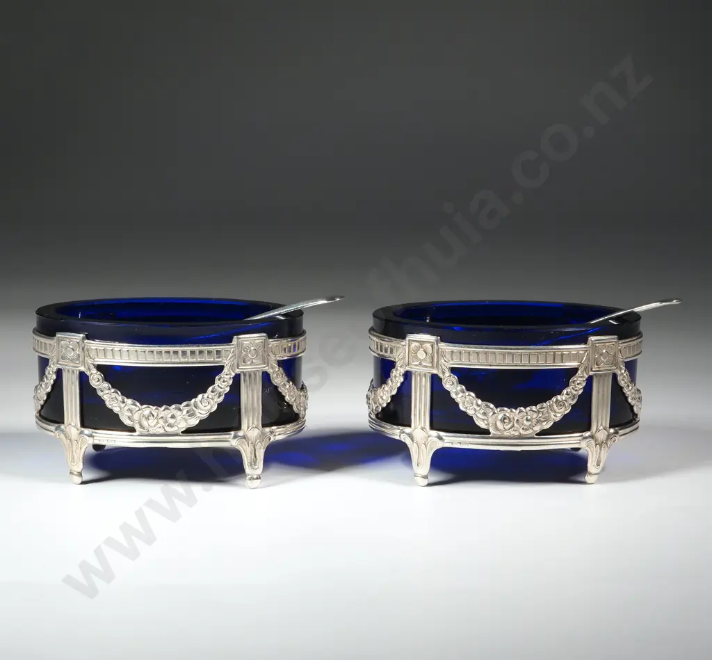 Pair of Mema Sweden Sterling Silver Open Salts & Spoons w Cobalt Glass Liners Image 1++