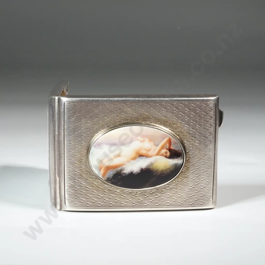 Sterling Silver & Enamel Case with Engine Turned Body &  Oval Plaque Depicting A Nude Reclinging Female.Birm1902 Image 1++