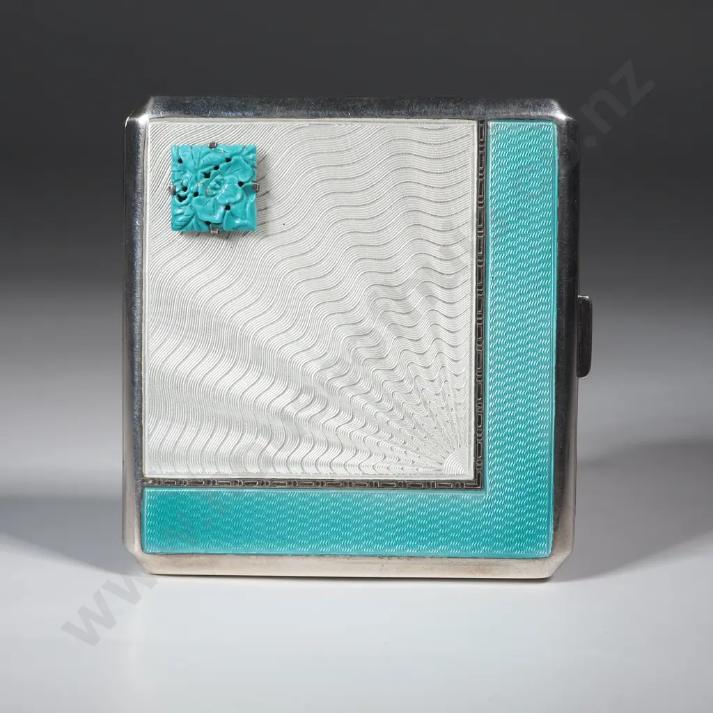 An Art Deco Silver & Guilloche Enamel Card/ Cigarette Case. Radiating Design In Opalescent & Turquoise w Gilt Interior. Image 1++