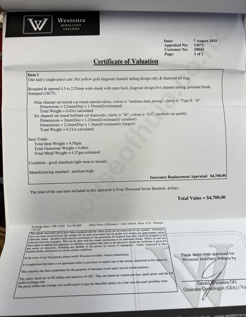 18ct Yellow Gold Channel Set Ruby & Diamond Ring Valued at $4,700 Image 1++