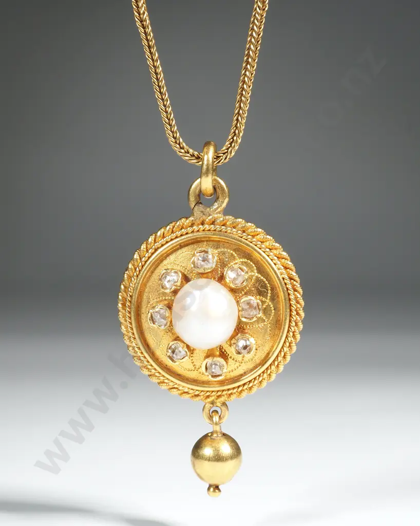 Antique 18ct Gold Pearl & Diamond Pendant on 9ct Gold Wheat Link Chain Image 1++