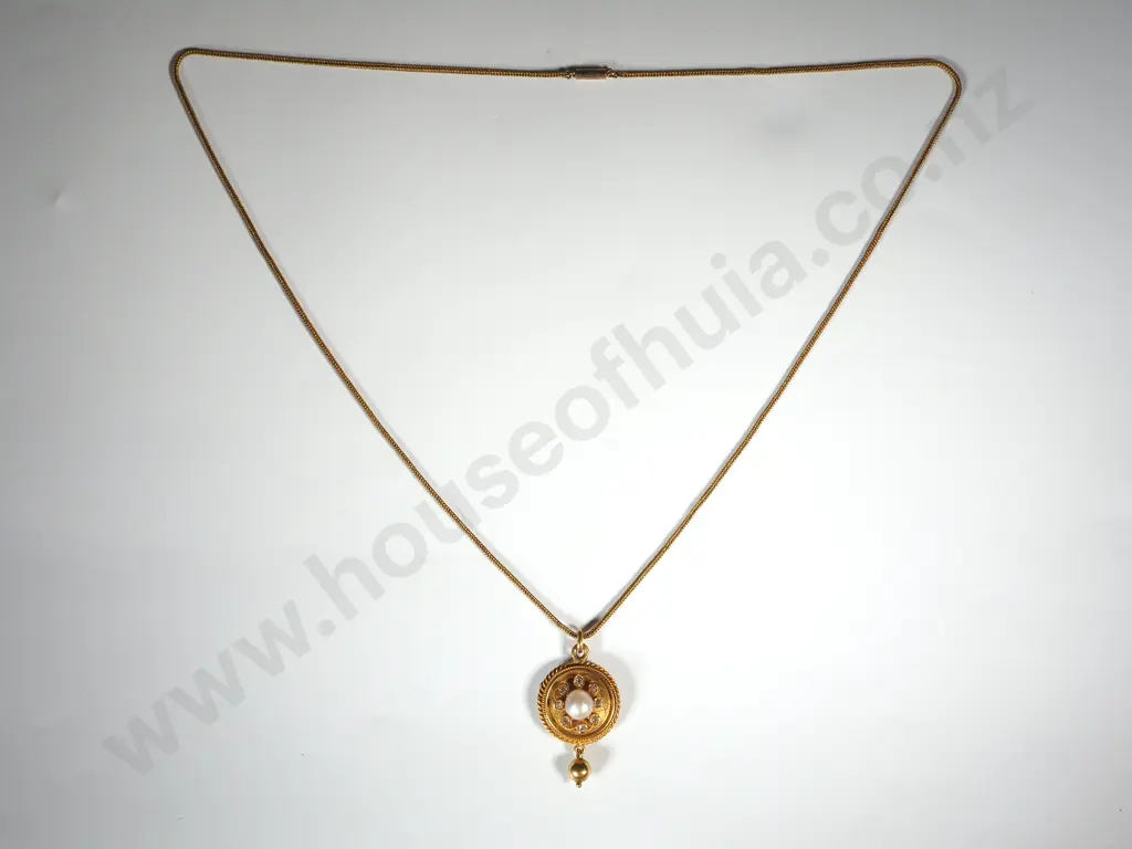 Antique 18ct Gold Pearl & Diamond Pendant on 9ct Gold Wheat Link Chain Image 1++