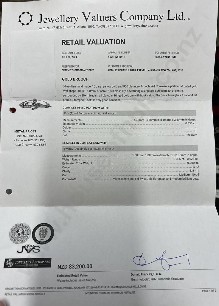 Exceptional Art Nouveau Diamond 15ct Yellow Gold & Platinum Brooch Image 1++