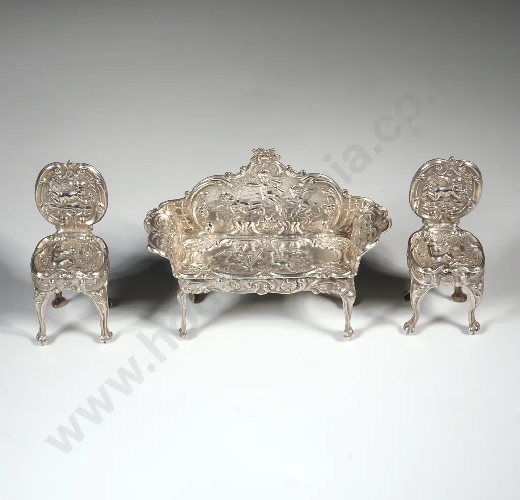 Sterling Silver Miniature Drawing Room Suite w English Hallmarks Featuring Angels Image 1++