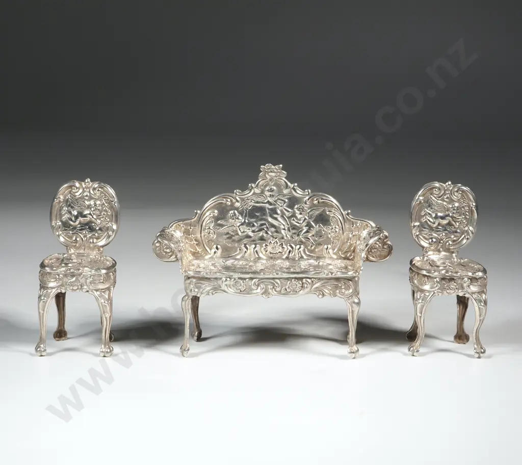 Sterling Silver Miniature Drawing Room Suite w English Hallmarks Featuring Angels Image 1++
