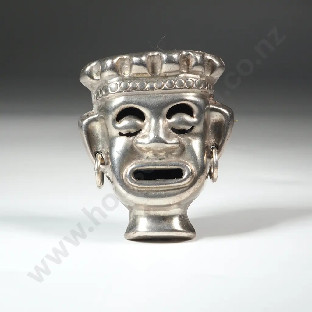 Decorative Mexican Sterling Silver Mask Brooch Image 1++
