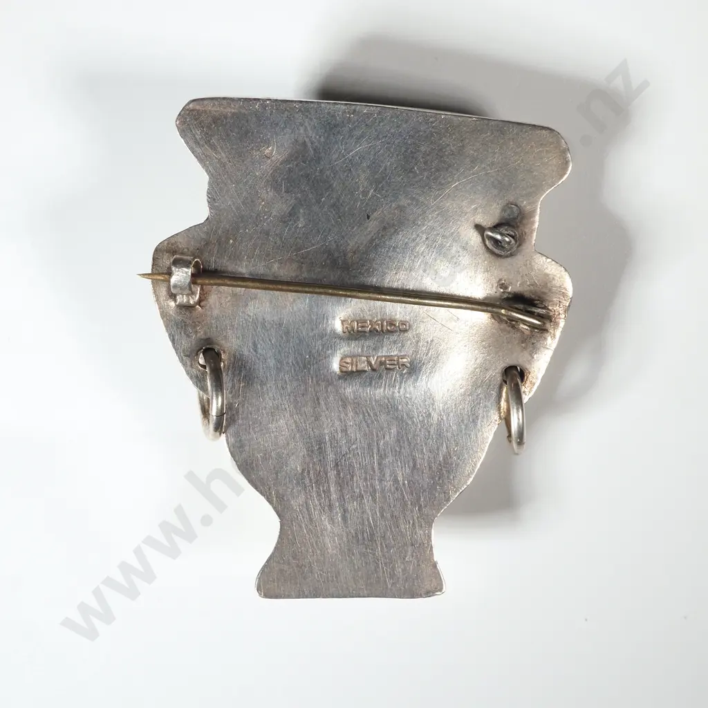 Decorative Mexican Sterling Silver Mask Brooch Image 1++