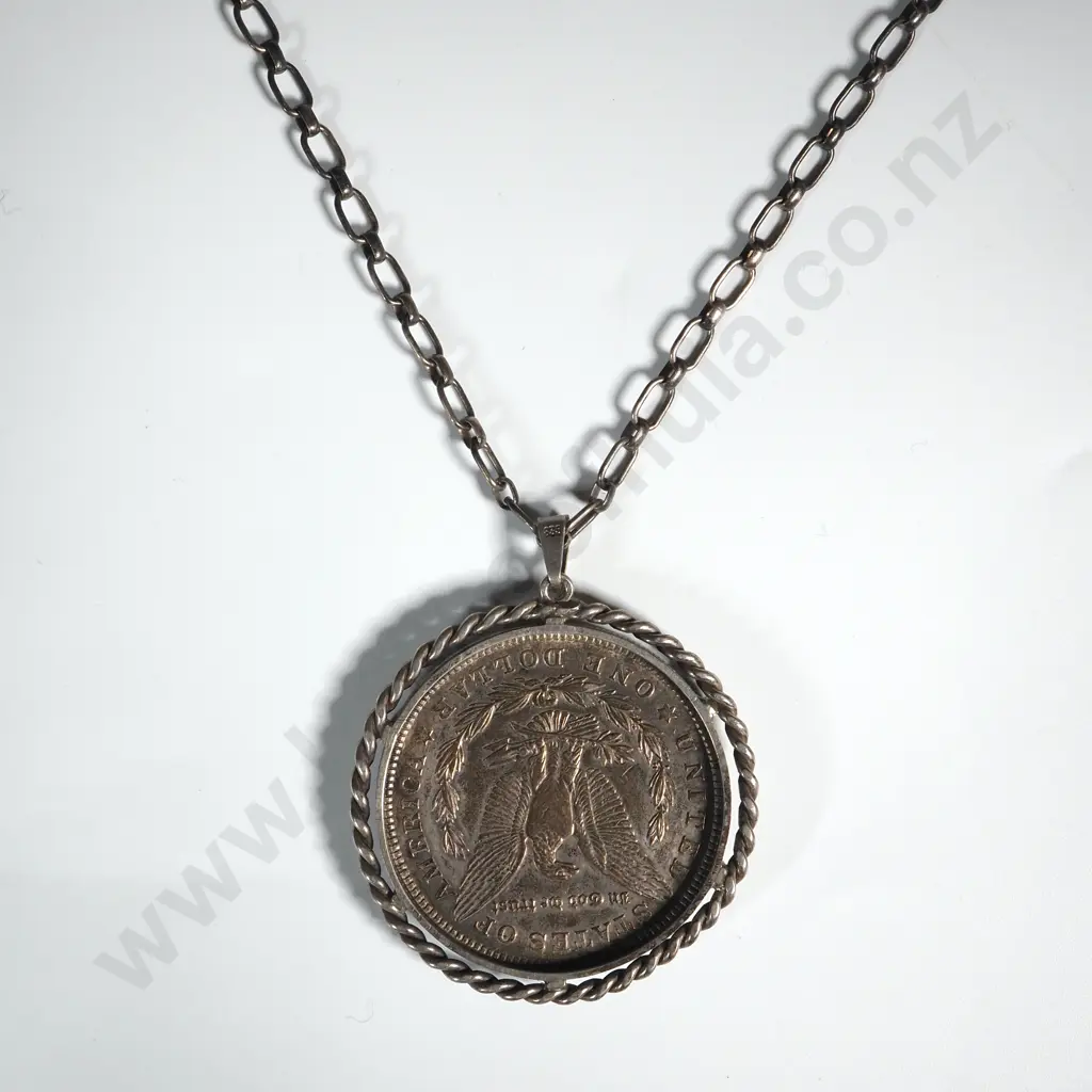 1921 Morgan Dollar on Sterling Silver Mount & Chain Image 1++
