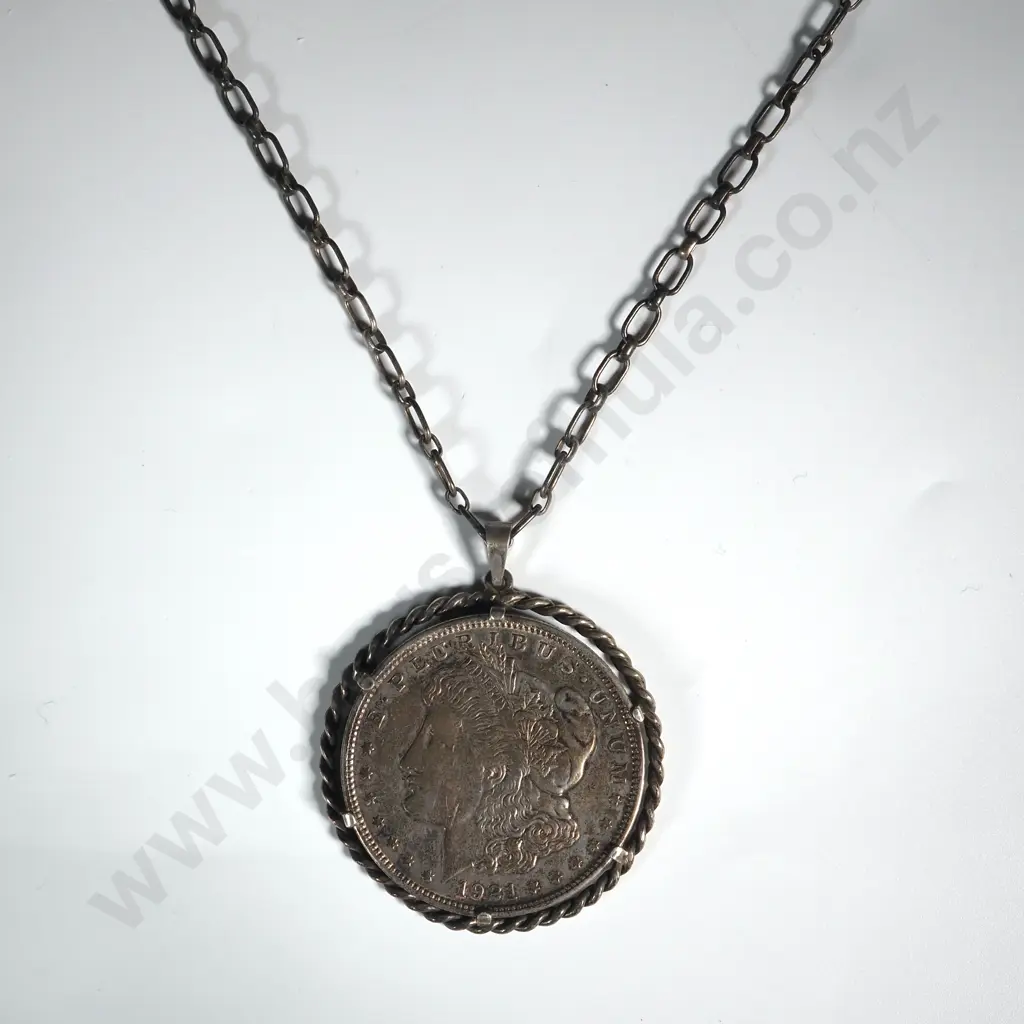 1921 Morgan Dollar on Sterling Silver Mount & Chain Image 1++