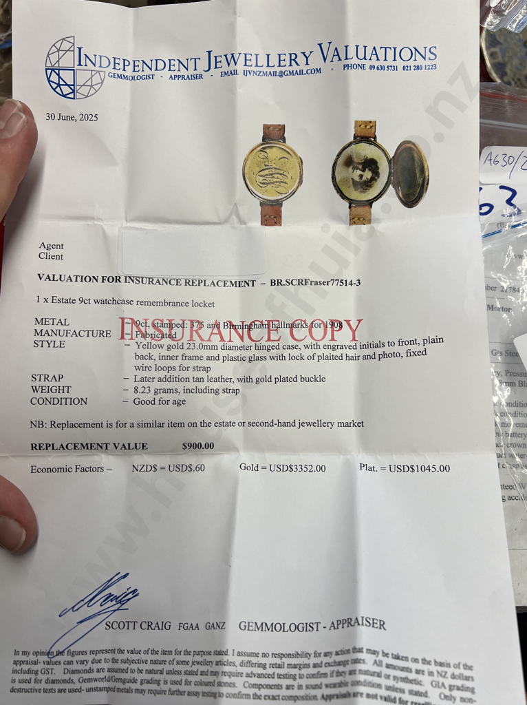 Antique 9ct Gold Watchcase Remembrance Locket Valued at $900 Image 1++