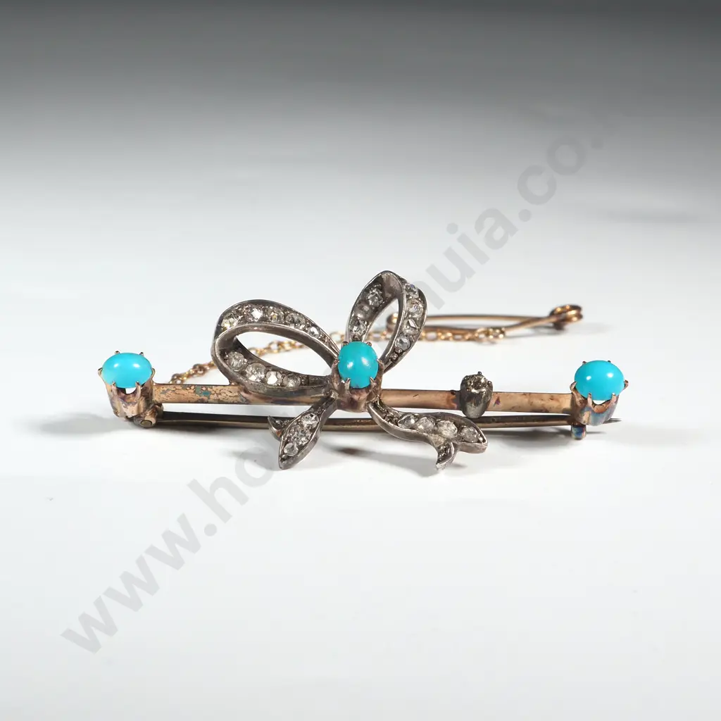 Cased Edwardian Diamond Turquoise, Silver & Gold Brooch Image 1++